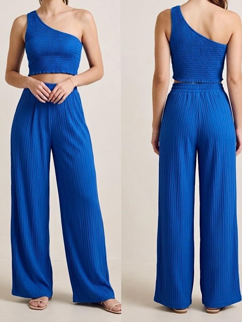 One-Shoulder Royal Blue Wide-Leg and crop top Set